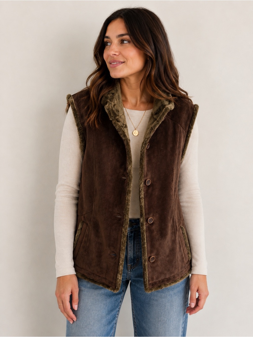 Eddie Bauer Seattle Suede Genuine Leather Vest| Brown | Size Large | Faux Fur